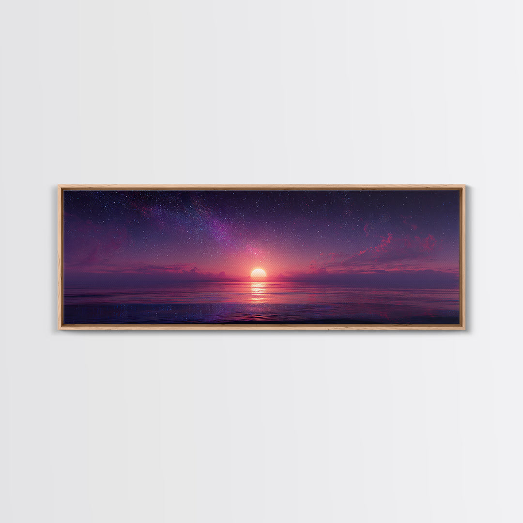 Starry Purple Ocean Sunset Wall Art, Celestial Seascape Canvas Print, Coastal Bedroom Decor, Romantic Beach House Gift For Her