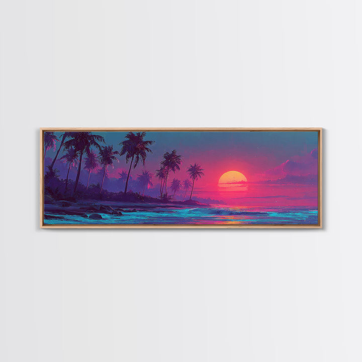Pink Tropical Palm Island Sunset Wall Art, Neon Ocean Waves, Coastal Beach House Decor, Large Horizontal Canvas Print Poster