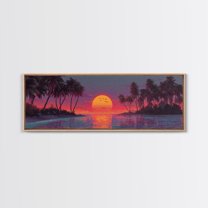 Starry Tropical Island Sunset Over Lagoon Framed Canvas Print, Coastal Wall Art, Beach House Decor, Vibrant Ocean Poster