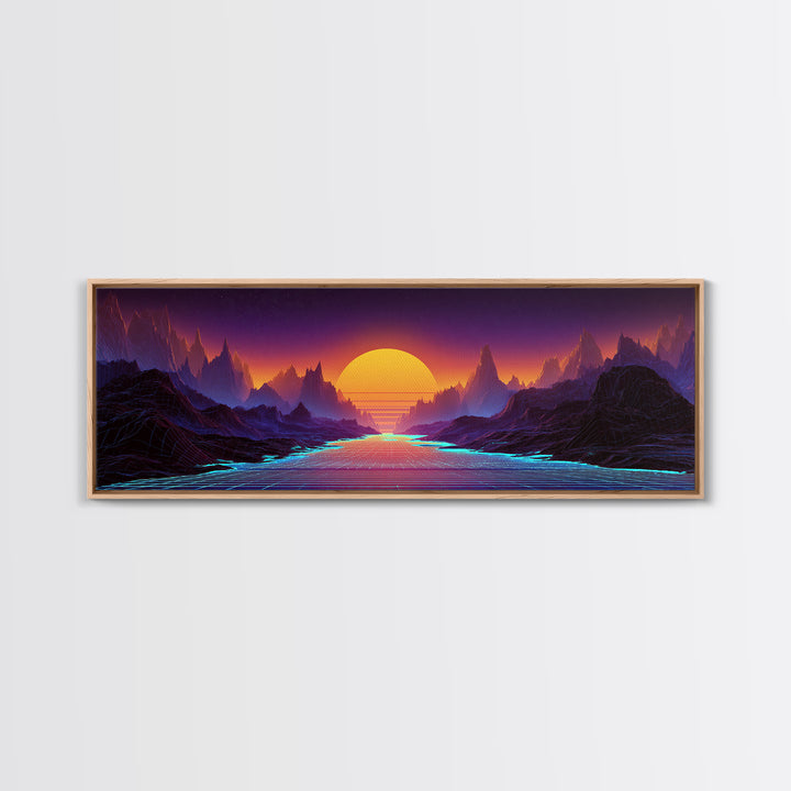 Neon Fantasy Mountain Valley Wall Art, Synthwave Landscape Canvas Print, Futuristic Decor, Gaming Room, Large Poster, Home Decor