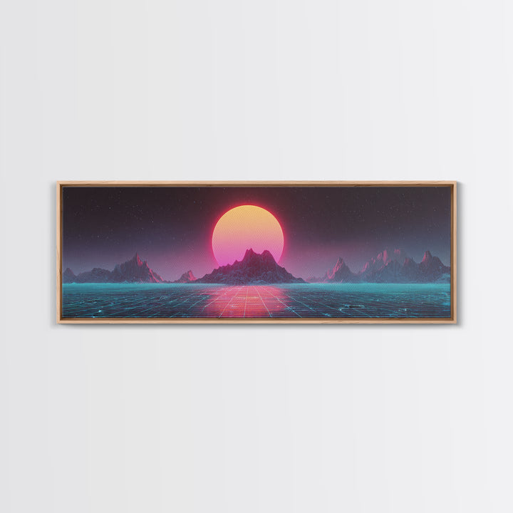 Alien Mountain Grid Sunset Wall Art, Retro Futuristic Synthwave Landscape, Vaporwave Home Decor, Large Horizontal Art Print