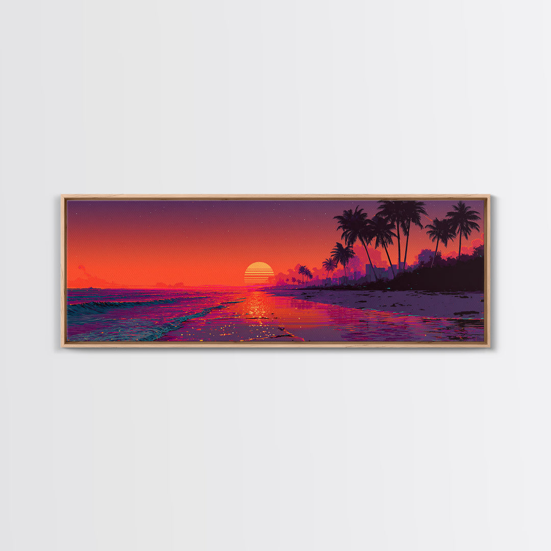 Retro Neon Tropical Beach Sunset Wall Art, Synthwave Coastal Decor, Palm Tree Ocean Print, Vibrant Summer Canvas Gift Idea