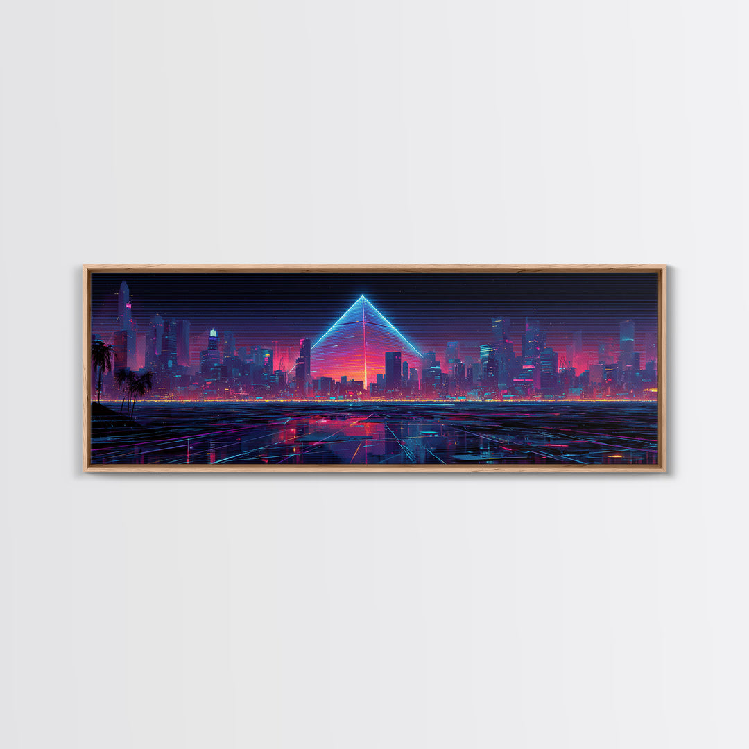 Cyberpunk Neon City With Glowing Pyramid, Futuristic Wall Art, Synthwave Canvas Print, Gaming Room Decor, Modern Office Art