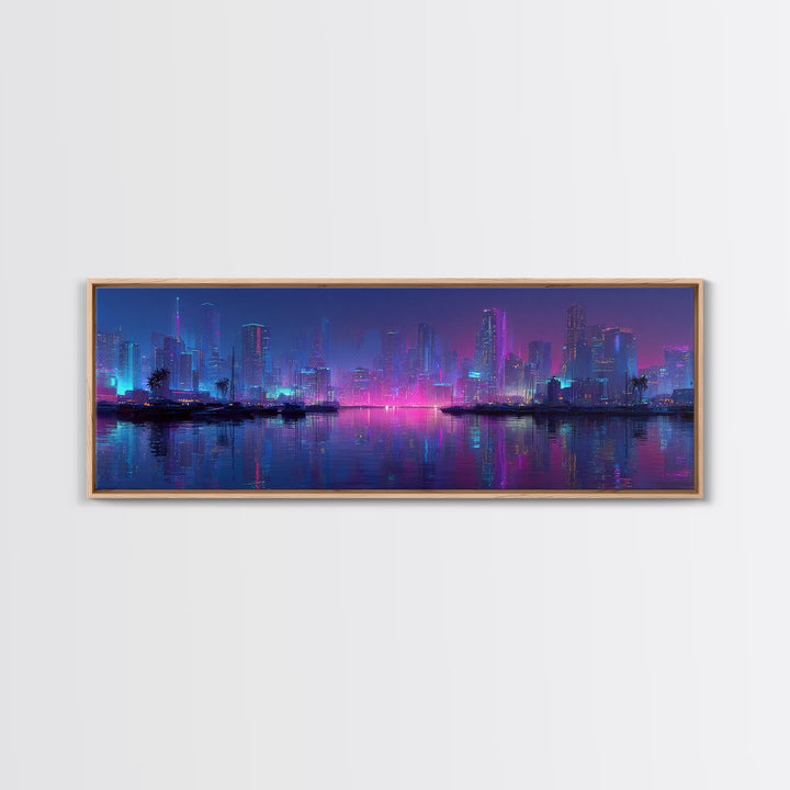 Neon Cyberpunk Skyline Canvas Print, Futuristic Cityscape Wall Art, Vaporwave Office Decor, Large Modern Urban Night Art
