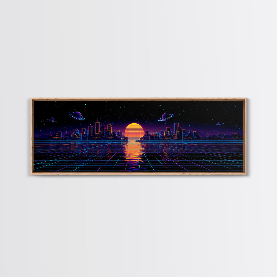 Synthwave City Skyline Over Neon Grid Canvas Print, Retro Futuristic Wall Art, Cyberpunk Decor, Vaporwave Poster Gift For Him