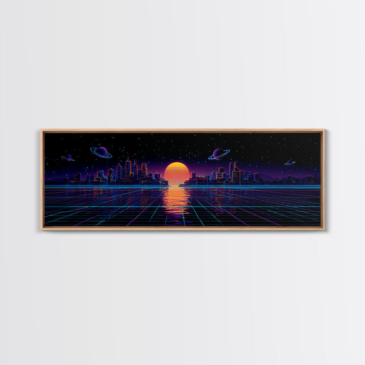 Synthwave City Skyline Over Neon Grid Canvas Print, Retro Futuristic Wall Art, Cyberpunk Decor, Vaporwave Poster Gift For Him