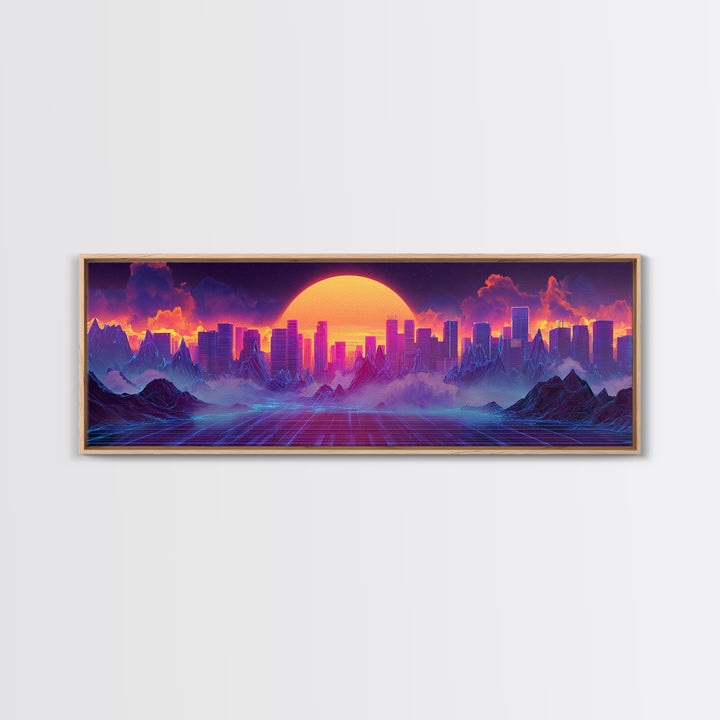 Synthwave City Sunset Skyline Canvas Print, Retro Futuristic Wall Art, Neon Mountain Decor, Vaporwave Living Room Art, Home Decor
