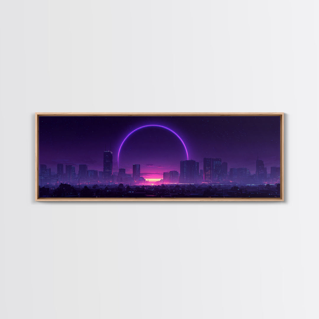Neon City Skyline With Purple Eclipse Canvas Print, Cyberpunk Wall Art, Futuristic Urban Decor, Gaming Room Statement Art