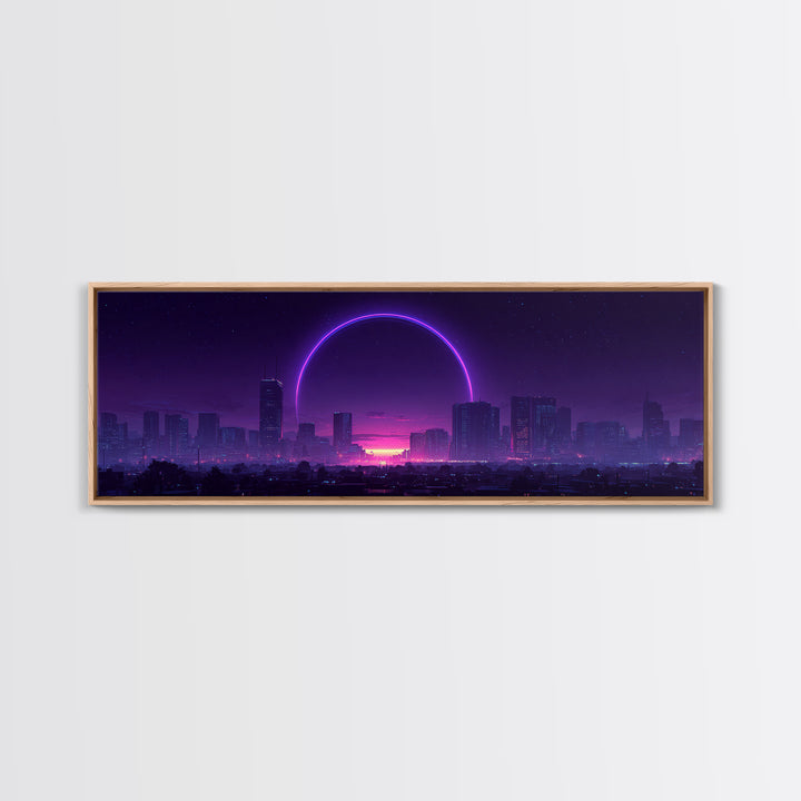Neon City Skyline With Purple Eclipse Canvas Print, Cyberpunk Wall Art, Futuristic Urban Decor, Gaming Room Statement Art