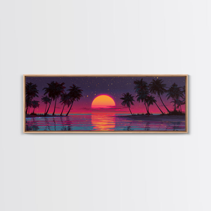 Retro Tropical Sunset Over Palm Island Wall Art, Neon Ocean Landscape, Coastal Decor, Beach House, Large Horizontal Print