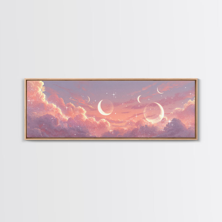 Pink Celestial Cloudscape With Crescent Moons Canvas Print, Dreamy Wall Art, Starry Nursery Decor, Romantic Bedroom Art Print