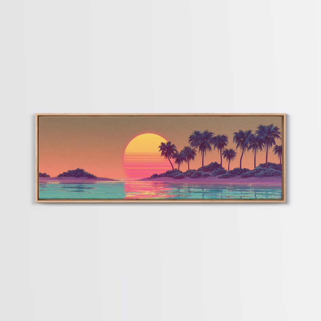 Tropical Palm Island Sunset Canvas Print, Retro Coastal Wall Art, Beach House Decor, Vaporwave Summer Landscape Art Print