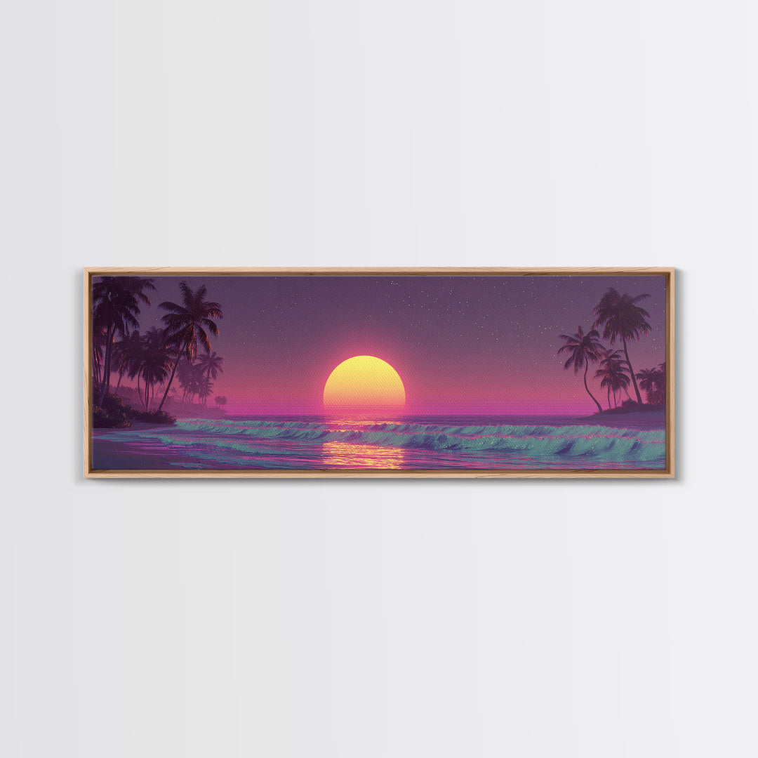Dreamy Tropical Moonrise Over Ocean Canvas Print, Vaporwave Beach Wall Art, Palm Tree Decor, Coastal Bedroom, Sunset Print