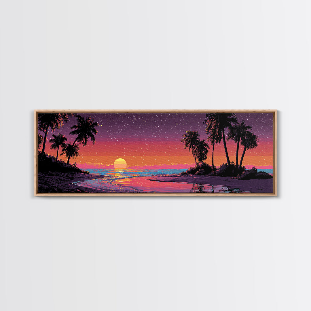 Tropical Pixel Sunset Beach With Palms, Retro Vaporwave Canvas Print, Coastal Wall Art, Beach House Decor, Gift For Her Print