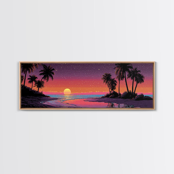 Tropical Pixel Sunset Beach With Palms, Retro Vaporwave Canvas Print, Coastal Wall Art, Beach House Decor, Gift For Her Print