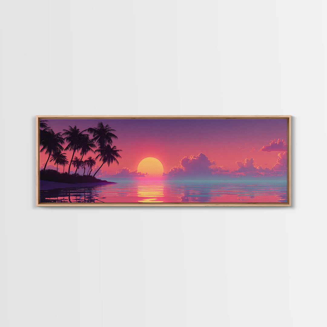 Pastel Island Sunset Over Calm Ocean Canvas Print, Tropical Palm Beach Wall Art, Coastal Home Decor, Pink Seascape Print