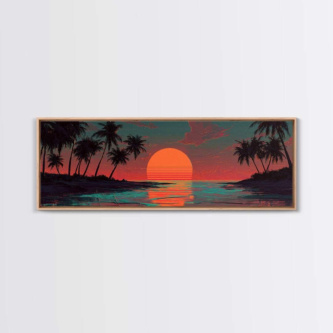 Tropical Palm Island Sunset Wall Art, Retro Beach Canvas Print, Coastal Decor, Ocean Poster, Summer Housewarming Gift, Tropical Home Decor