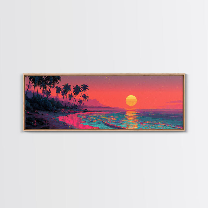 Neon Tropical Beach Sunset With Palms Wall Art, Coastal Decor, Pink Ocean Landscape, Retro Panoramic Summer Canvas Print