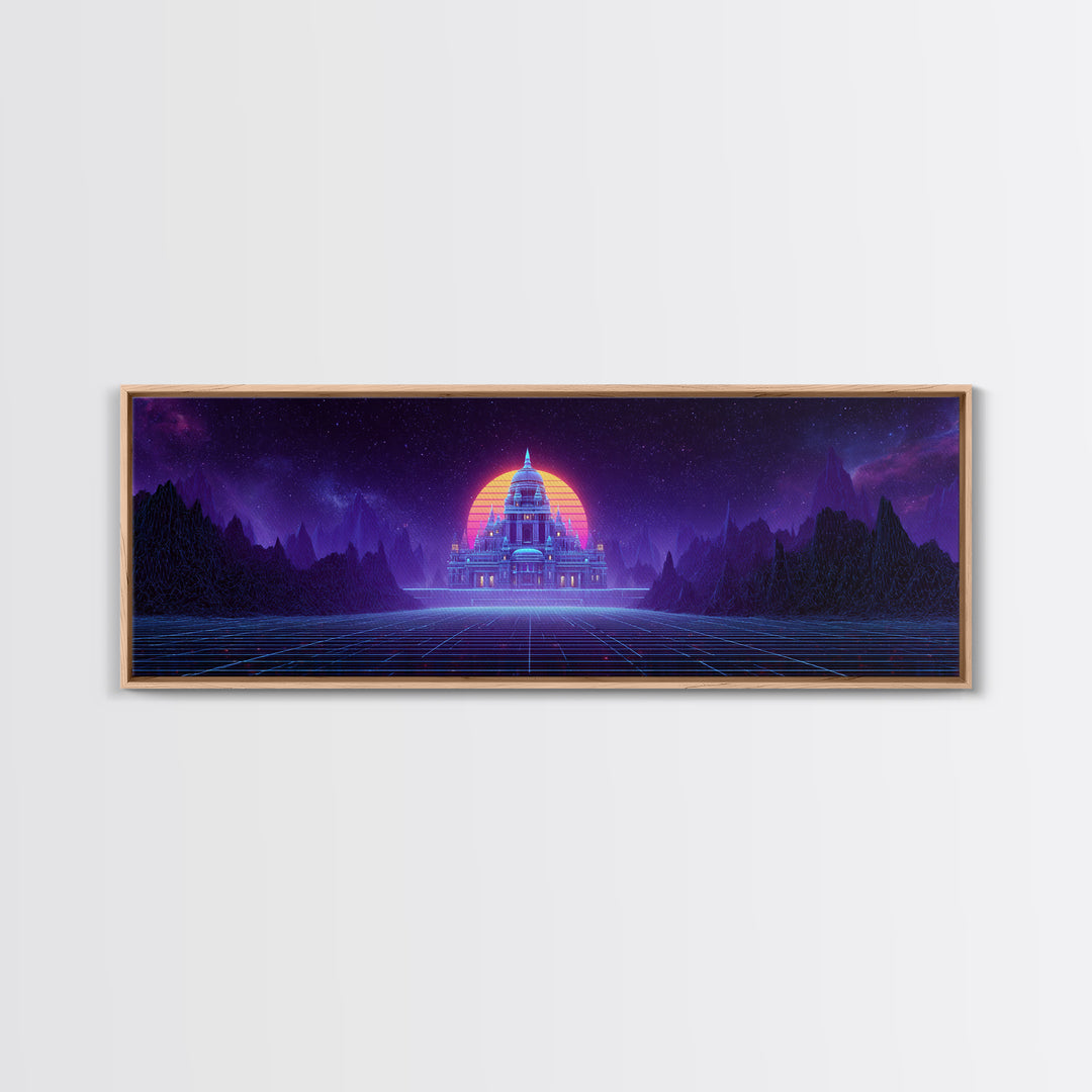 Neon Temple Beneath Cosmic Sunset Framed Canvas Print, Synthwave Wall Art, Futuristic Decor, Sci Fi Living Room Art, Home Decor