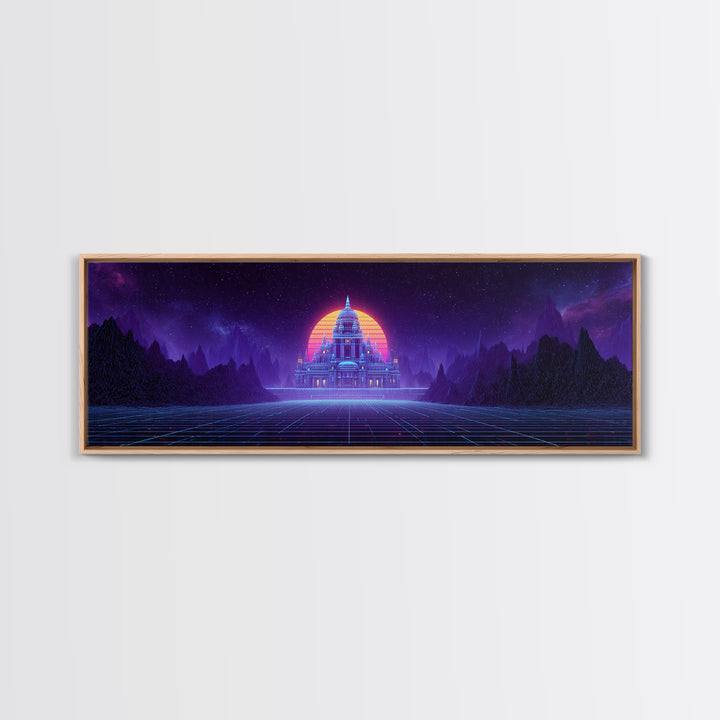 Neon Temple Beneath Cosmic Sunset Framed Canvas Print, Synthwave Wall Art, Futuristic Decor, Sci Fi Living Room Art, Home Decor