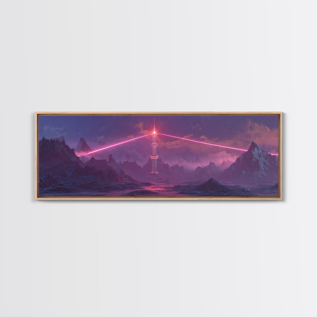 Cyberpunk Mountain Tower Canvas Print, Neon Sci Fi Wall Art, Futuristic Landscape Decor, Gaming Room Poster, Gift For Him