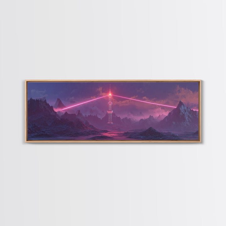Cyberpunk Mountain Tower Canvas Print, Neon Sci Fi Wall Art, Futuristic Landscape Decor, Gaming Room Poster, Gift For Him