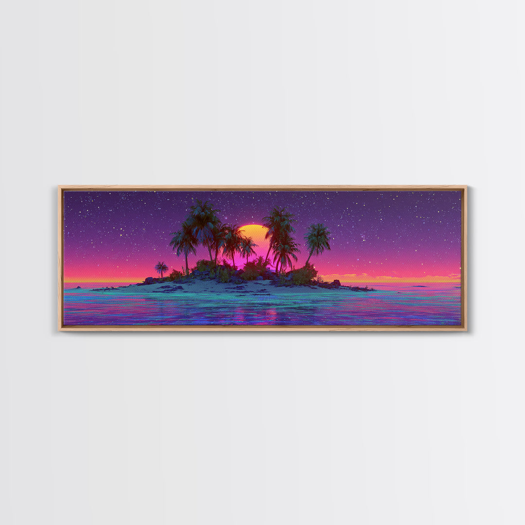 Neon Island Moonrise Wall Art, Starry Tropical Ocean Canvas Print, Purple Pink Coastal Decor, Fantasy Beach House Living Room Print