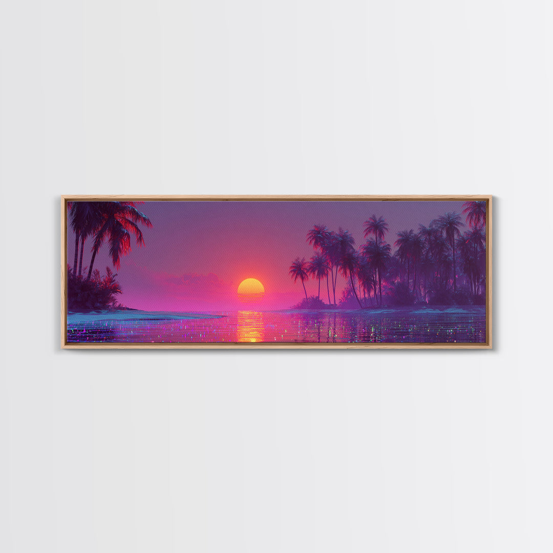 Pink Tropical Ocean Sunset Canvas Print, Palm Island Wall Art, Coastal Beach Decor, Large Vibrant Seascape Wall Art Print