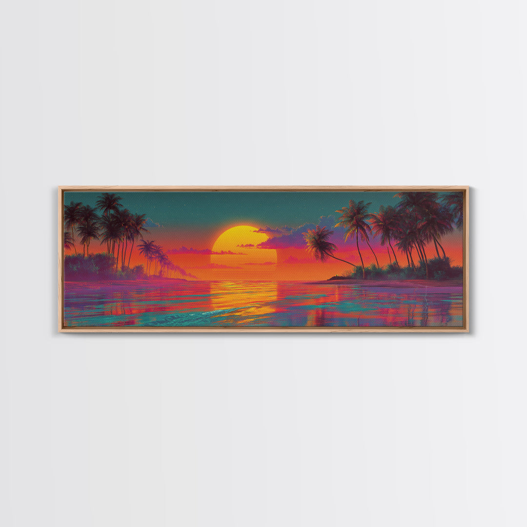 Vibrant Tropical Sunset Lagoon Wall Art, Extra Wide Panoramic Canvas Print, Beach House Decor, Coastal Living Room Wall Decor