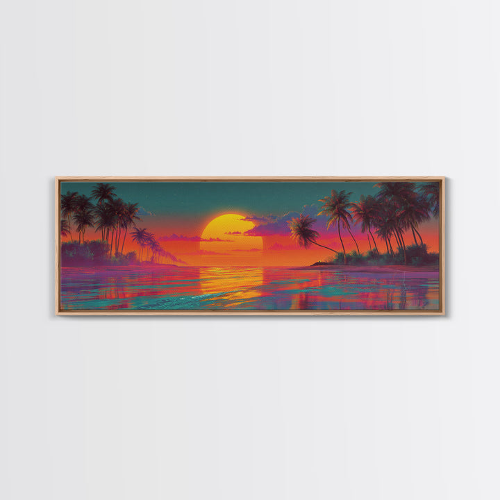 Vibrant Tropical Sunset Lagoon Wall Art, Extra Wide Panoramic Canvas Print, Beach House Decor, Coastal Living Room Wall Decor