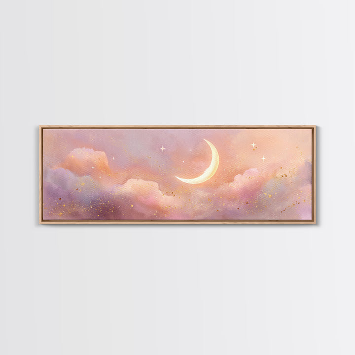 Peach Crescent Moon Over Pastel Clouds Framed Canvas Print, Celestial Wall Art, Soft Nursery Decor, Calming Bedroom Art Print