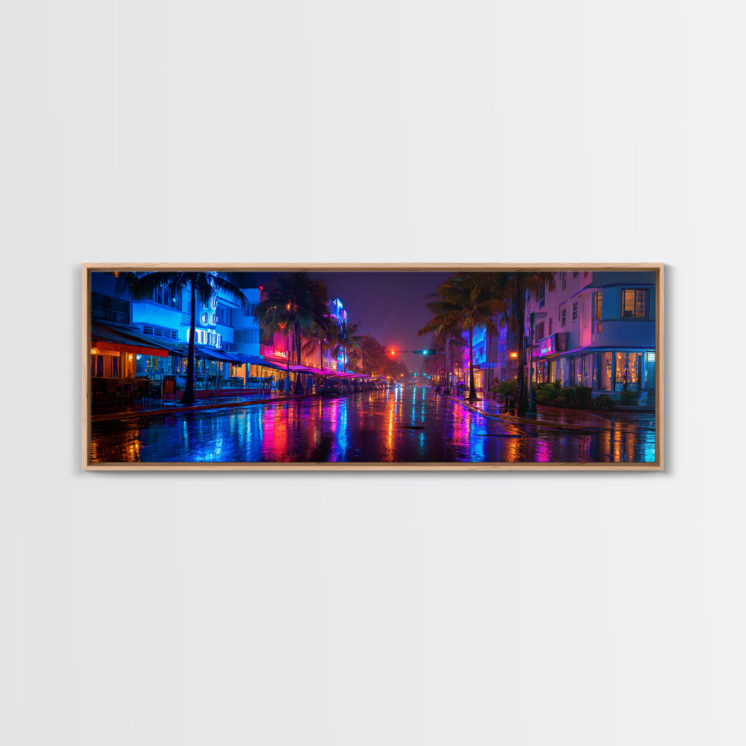 Rainy Neon Miami Street At Night Canvas Print, Cyberpunk City Wall Art, Urban Photography Decor For Modern Home Office Wall Decor