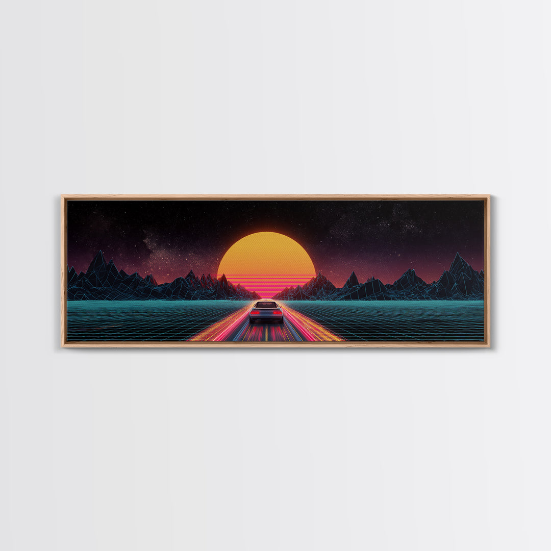 Retro Synthwave Car At Neon Sunset Canvas Print, Futuristic Wall Art, 80s Vaporwave Decor, Gaming Room, Gift For Him, Modern Home Decor