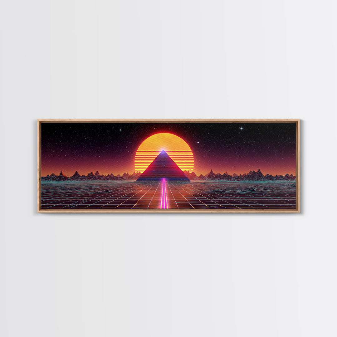 Neon Pyramid Sunset Grid Canvas Print, Retro Futuristic Wall Art, Synthwave Decor, Gaming Room Decor, Large Statement Artwork