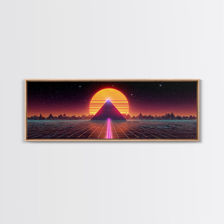 Neon Pyramid Sunset Grid Canvas Print, Retro Futuristic Wall Art, Synthwave Decor, Gaming Room Decor, Large Statement Artwork