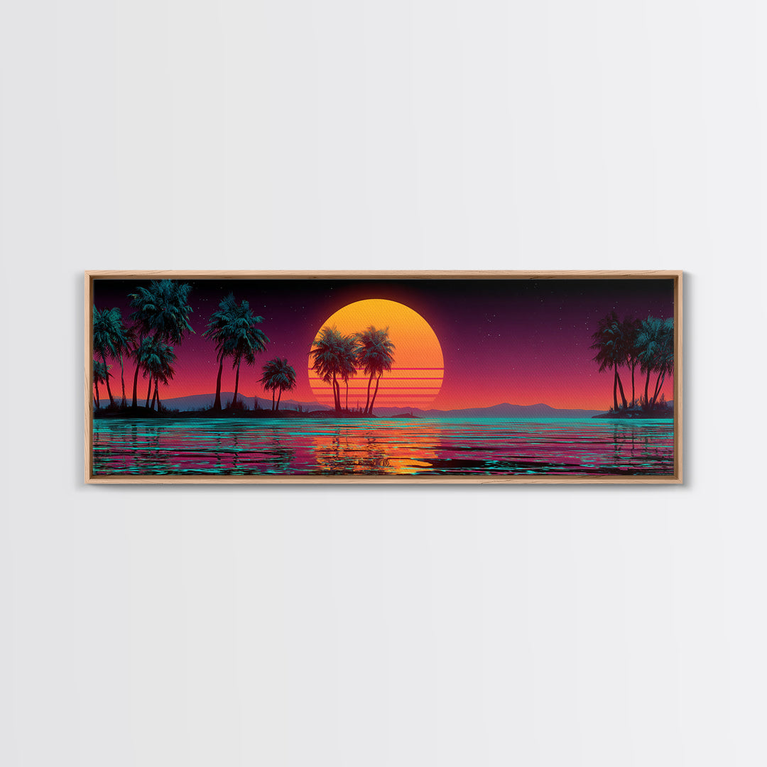 Neon Tropical Sunset Palms Over Ocean Canvas Print, Retro Futuristic Wall Art, Synthwave Beach Decor For Modern Living Room