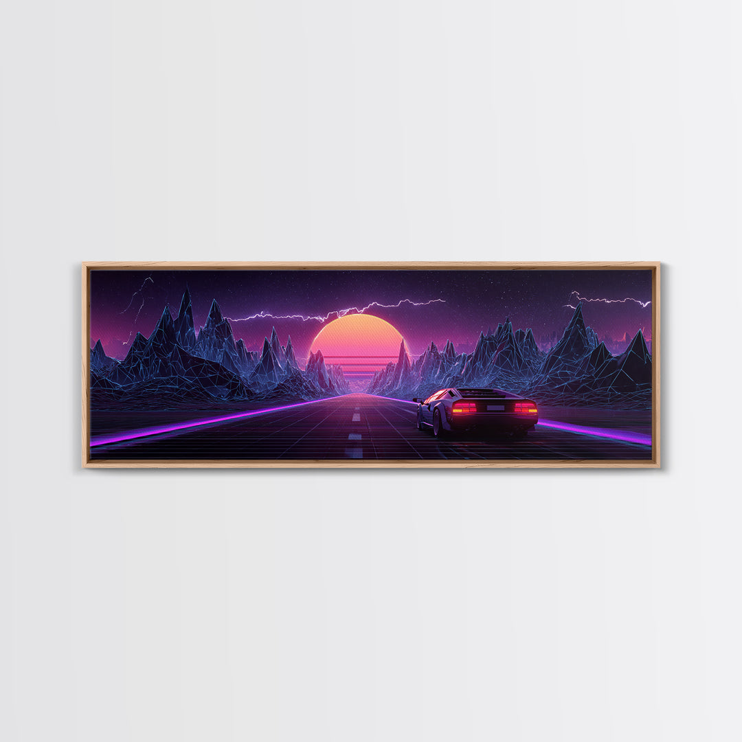 Synthwave Mountain Highway Canvas Print, Retro Futuristic Car Wall Art, Neon Gaming Room Decor, Vaporwave Poster, Cyberpunk Gift For Him