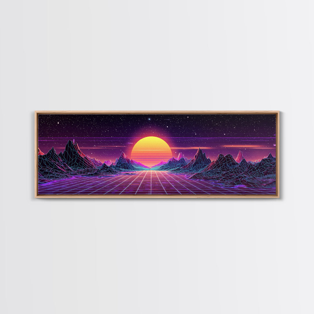 Retro Futuristic Mountain Grid Sunset Canvas Print, Synthwave Wall Art, Neon Vaporwave Decor For Game Room Or Dorm Room Decor