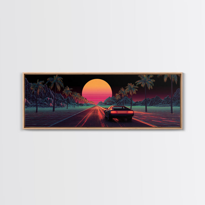 Retro Synthwave Car On Neon Palm Road Wall Art, 80s Vaporwave Canvas Print, Futuristic Cityscape Home Decor Poster For Living Room