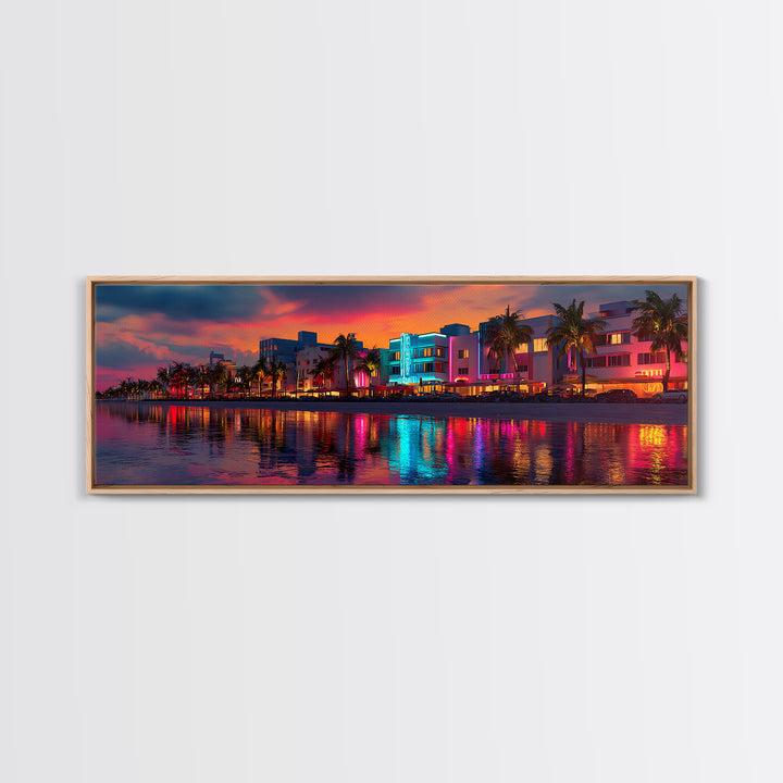 Vibrant Neon Miami Waterfront At Sunset Canvas Print, Tropical Palm City Wall Art, Coastal Home Decor, Art Deco Travel Poster Gift