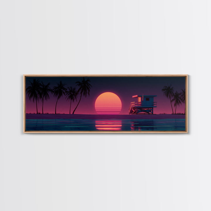 Retro Lifeguard Tower At Pink Sunset Framed Canvas Print, Coastal Beach Wall Art, Palm Tree Ocean Decor For Bedroom Or Living Room