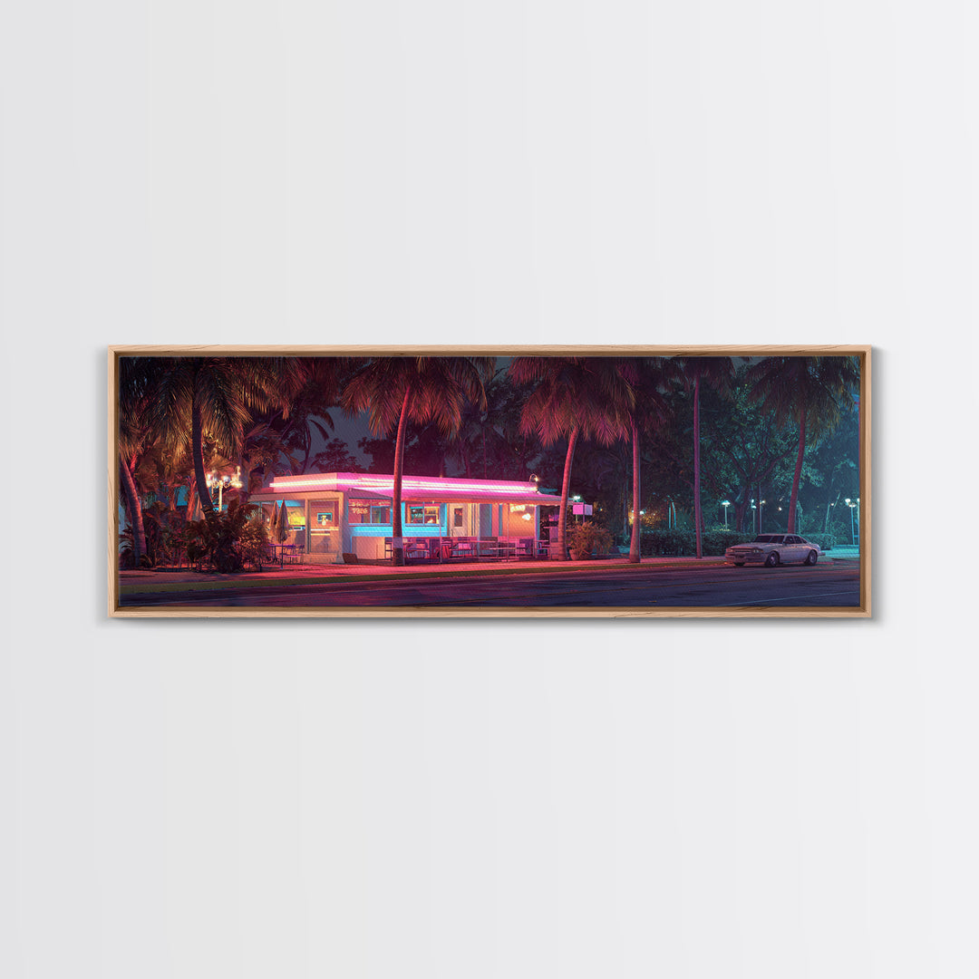 Neon Retro Diner At Night Framed Canvas Print, Cyberpunk Wall Art For Kitchen Bar Decor, Miami Vaporwave Home Decor Poster
