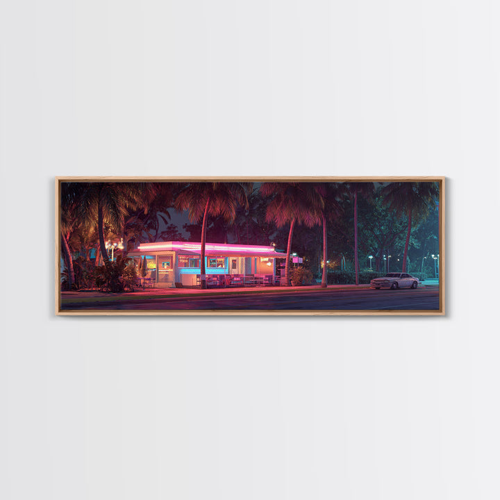 Neon Retro Diner At Night Framed Canvas Print, Cyberpunk Wall Art For Kitchen Bar Decor, Miami Vaporwave Home Decor Poster