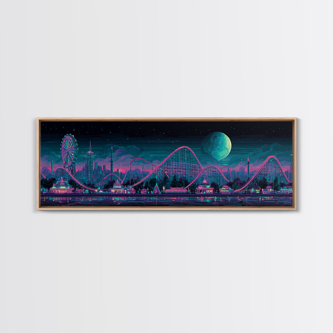 Neon Roller Coaster Park Canvas Print, Retro Futuristic Skyline With Moon, Modern Cyberpunk Neon City Game Room Wall Art Decor