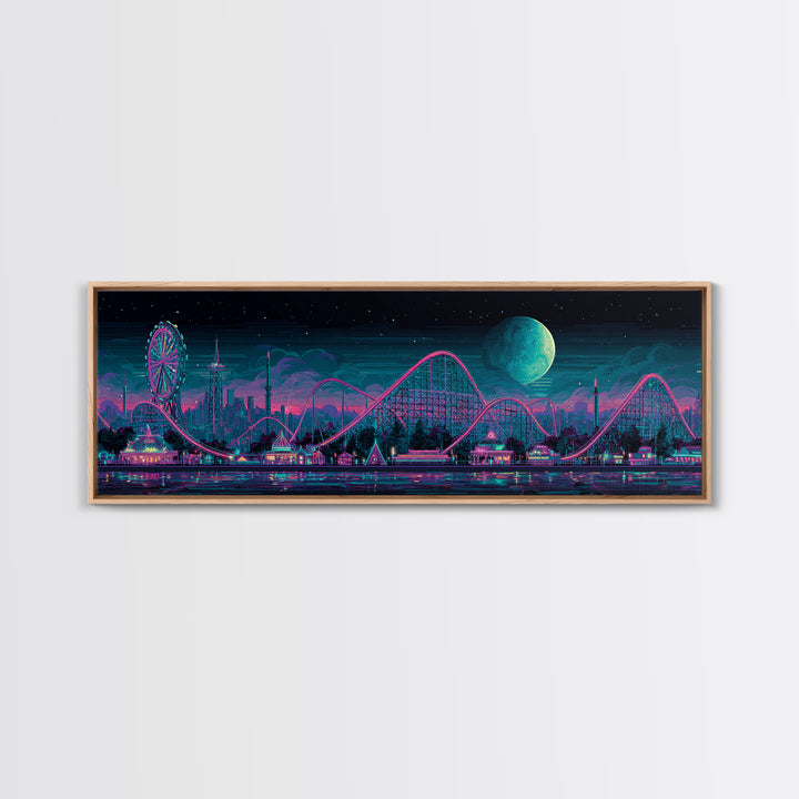 Neon Roller Coaster Park Canvas Print, Retro Futuristic Skyline With Moon, Modern Cyberpunk Neon City Game Room Wall Art Decor