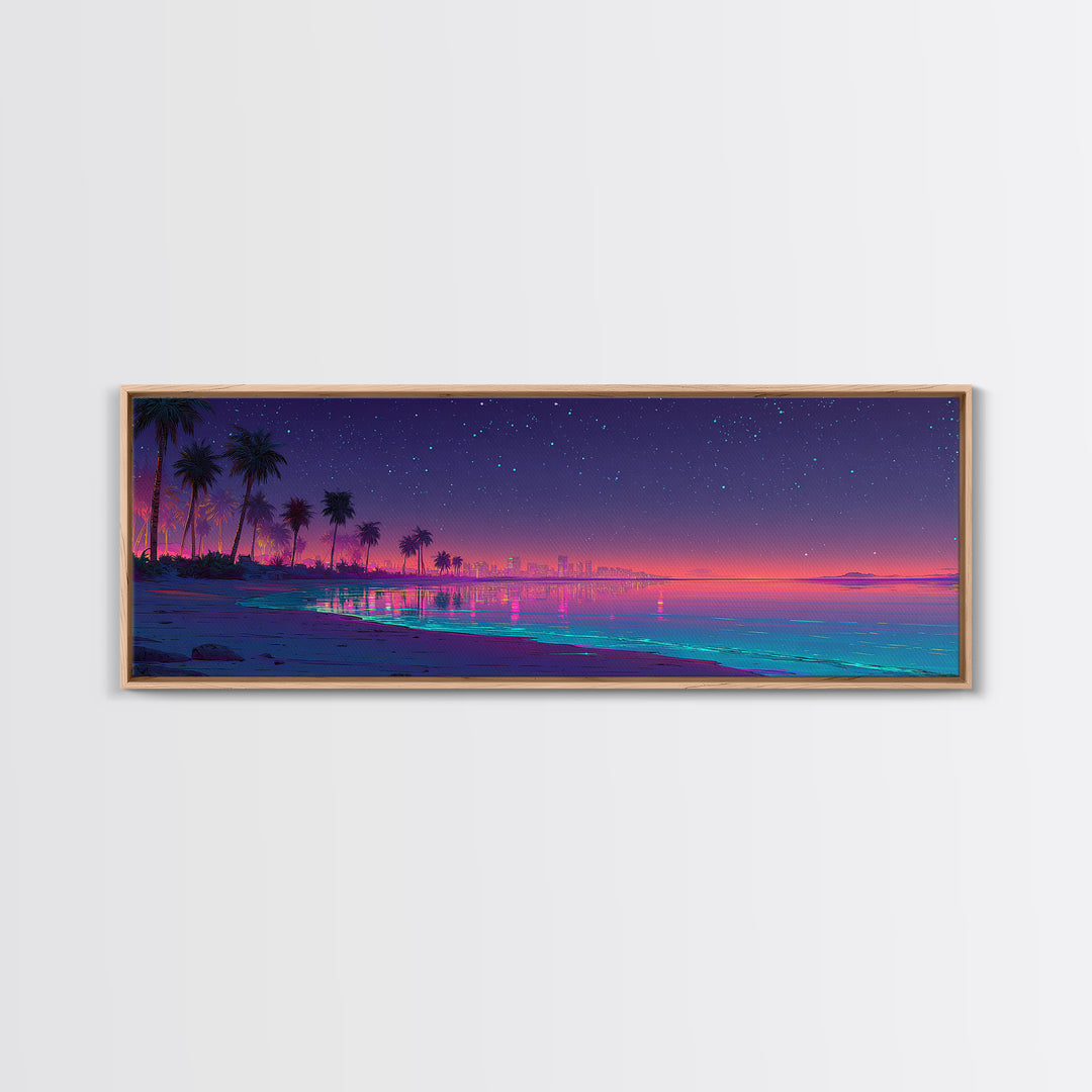 Neon Tropical Beach Skyline Under Stars, Coastal Canvas Print, Cityscape Wall Art, Beach House Decor, Modern Home Decor Print