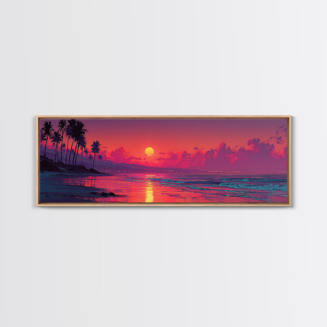 Magenta Tropical Beach Sunset Wall Art, Coastal Seascape Canvas Print, Palm Tree Decor, Summer Vibes, Living Room Poster