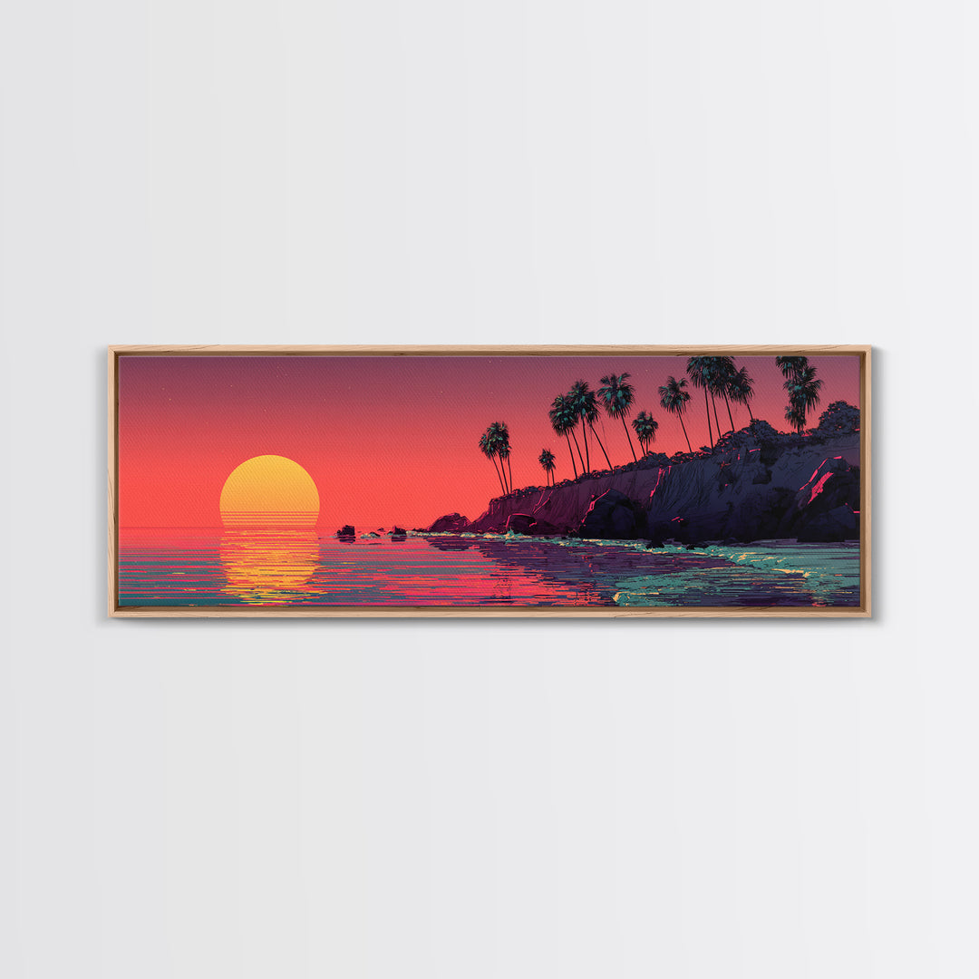 Retro Pixel Palm Beach Sunset Wall Art, Vaporwave Ocean Landscape Print, Tropical Coastal Decor, Long Horizontal Canvas Print
