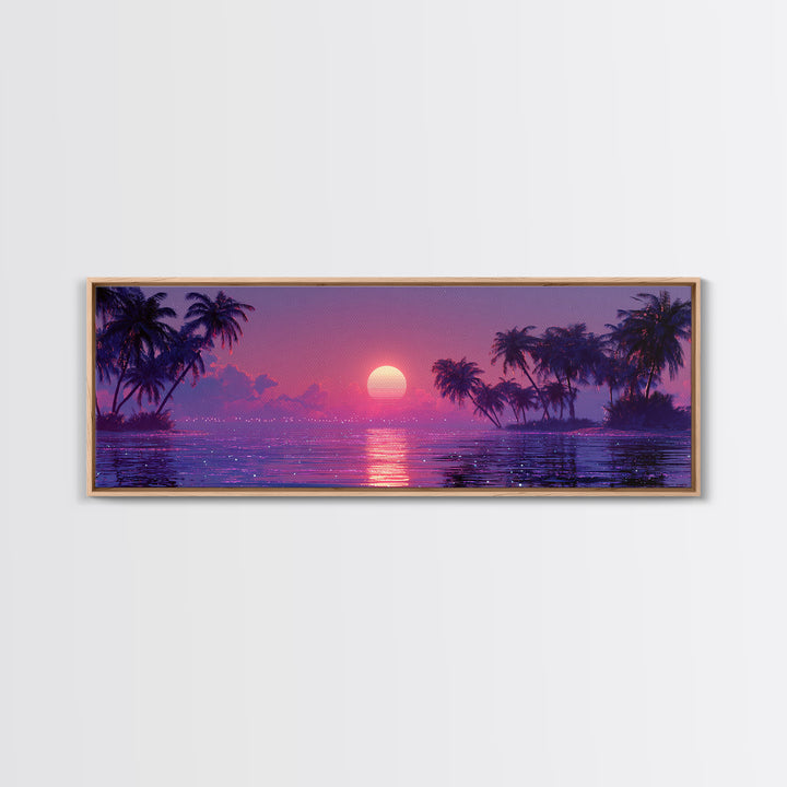 Retro Tropical Sunset Lagoon With Palm Trees Canvas Print, Vaporwave Ocean Wall Art, Coastal Decor, Beach House Gift For Her