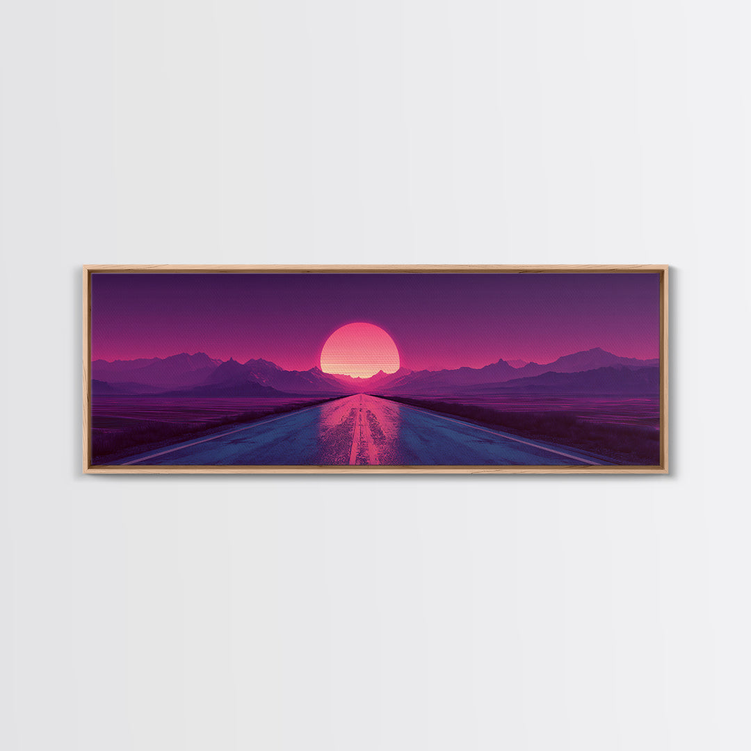 Magenta Desert Road Wall Art, Retro Futuristic Mountain Sunset Canvas Print, Synthwave Decor, Large Horizontal Wall Art Print